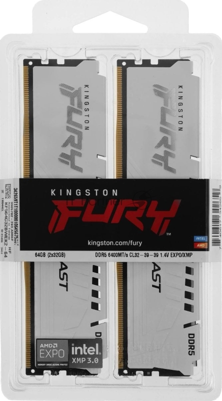 Модуль памяти DDR 5 DIMM 64Gb PC51200, 6400Mhz, Kingston FURY Beast White EXPO CL32 (Kit of 2) (KF564C32BBEK2-64)