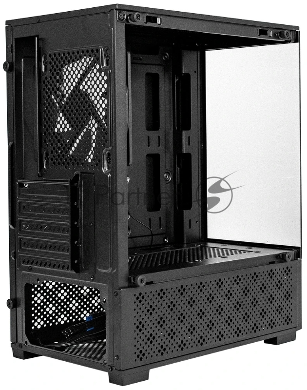 Корпус Minitower ExeGate i3 SEA (mATX, без БП, 1*USB+1*USB3.0, HD аудио, черный, 1 вент. 12см с RGB подсветкой, передняя и боковая панели - закаленное стекло)