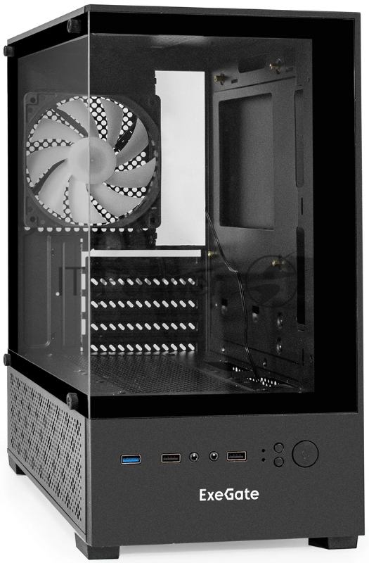 Корпус Minitower ExeGate i3 SEA (mATX, без БП, 1*USB+1*USB3.0, HD аудио, черный, 1 вент. 12см с RGB подсветкой, передняя и боковая панели - закаленное стекло)