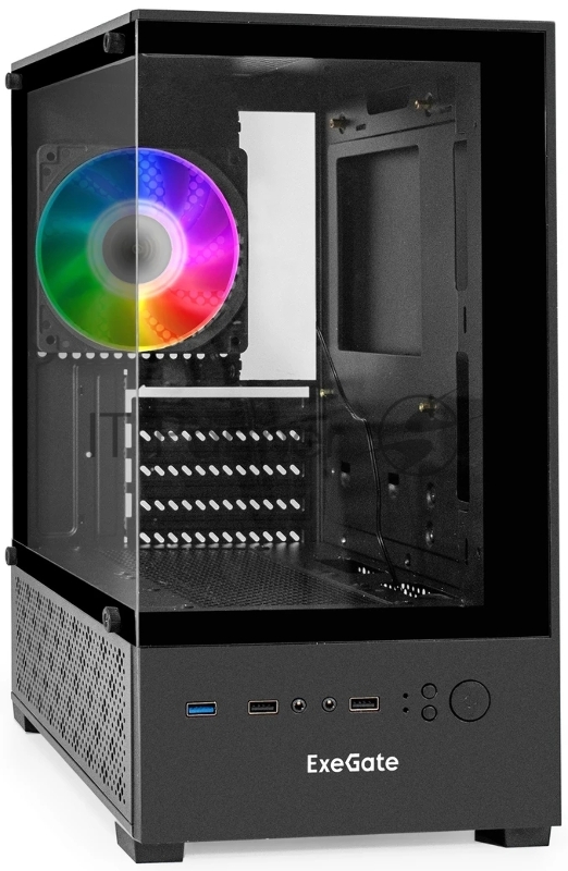 Корпус Minitower ExeGate i3 SEA (mATX, без БП, 1*USB+1*USB3.0, HD аудио, черный, 1 вент. 12см с RGB подсветкой, передняя и боковая панели - закаленное стекло)