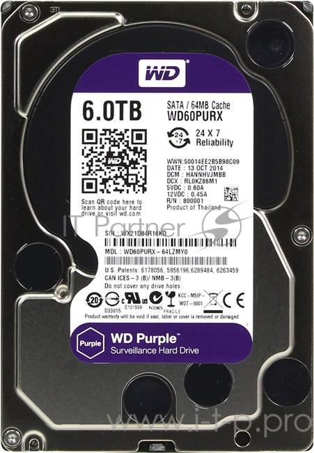 Жесткий диск 6TB WD Purple (WD60PURX) {Serial ATA III, 5400- rpm, 64Mb, 3.5