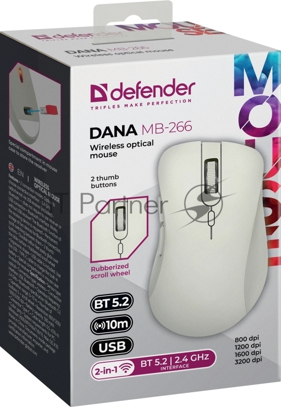 Мышь беспроводная Defender Bluetooth/2.4G 6кн. 3200dpi бело-серый Dana MB-266 52266
