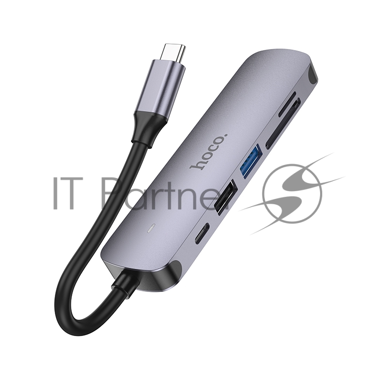 Док-станция Type-C Hoco HB28 6в1: USB3.0, PD100W, SD/TF, USB2.0, HDMI, кабель 13см, алюминий