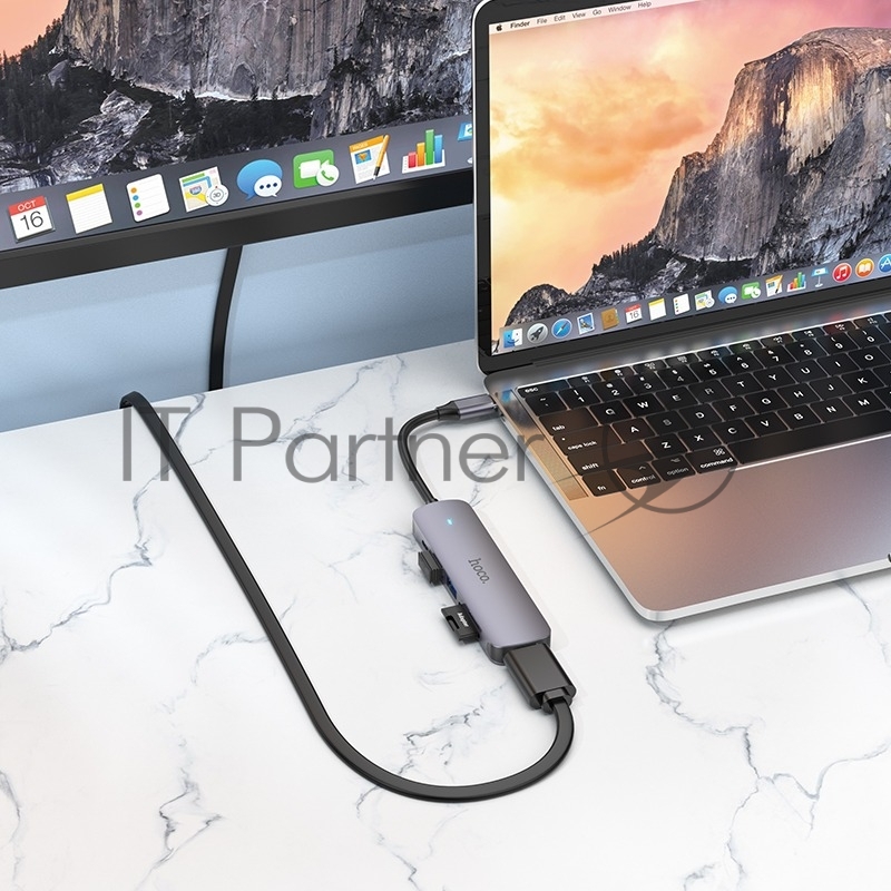 Док-станция Type-C Hoco HB28 6в1: USB3.0, PD100W, SD/TF, USB2.0, HDMI, кабель 13см, алюминий