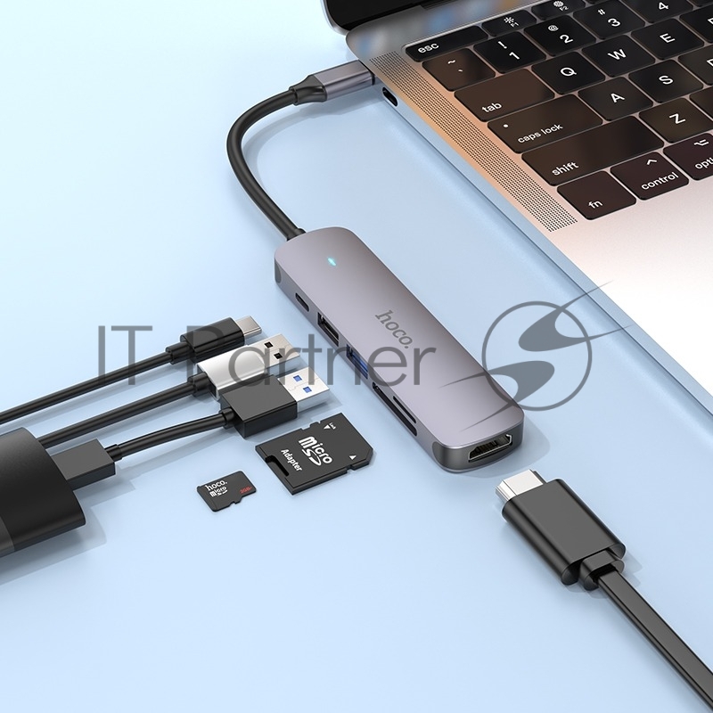 Док-станция Type-C Hoco HB28 6в1: USB3.0, PD100W, SD/TF, USB2.0, HDMI, кабель 13см, алюминий