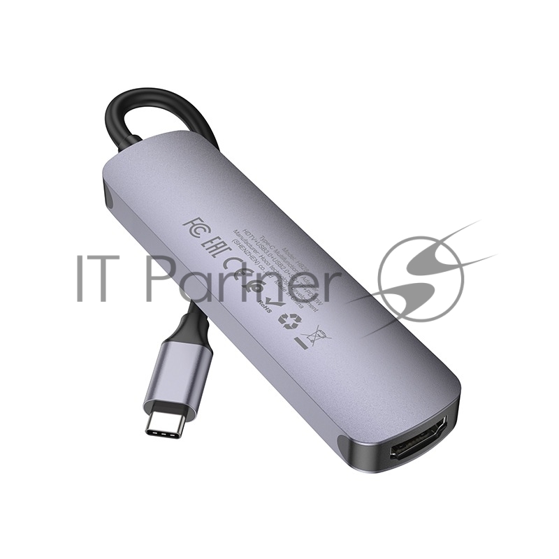 Док-станция Type-C Hoco HB28 6в1: USB3.0, PD100W, SD/TF, USB2.0, HDMI, кабель 13см, алюминий