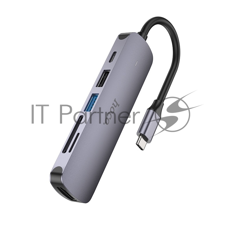 Док-станция Type-C Hoco HB28 6в1: USB3.0, PD100W, SD/TF, USB2.0, HDMI, кабель 13см, алюминий