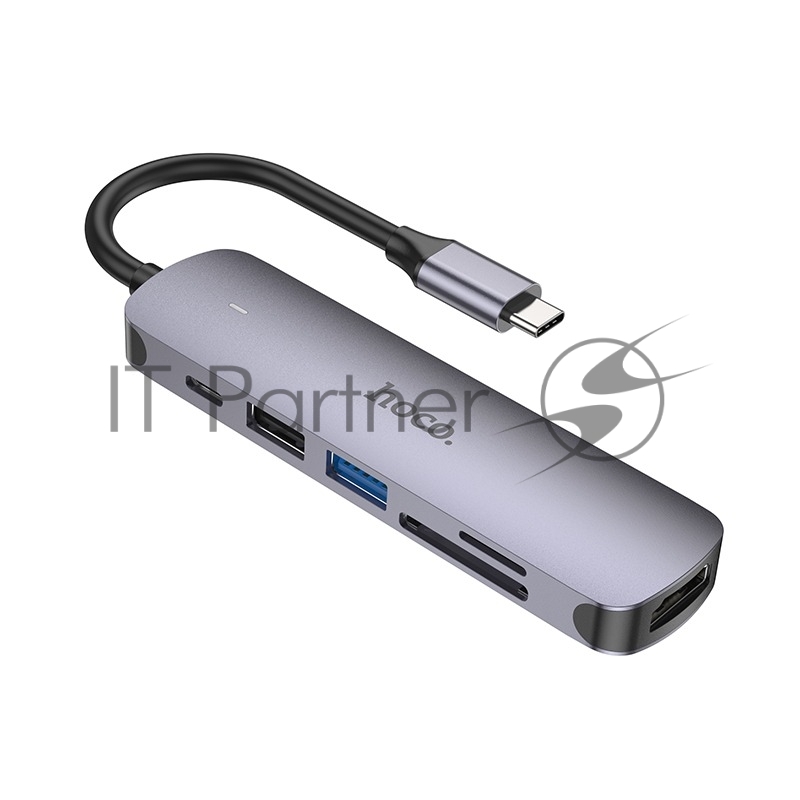 Док-станция Type-C Hoco HB28 6в1: USB3.0, PD100W, SD/TF, USB2.0, HDMI, кабель 13см, алюминий