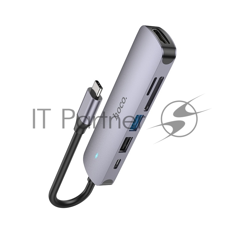 Док-станция Type-C Hoco HB28 6в1: USB3.0, PD100W, SD/TF, USB2.0, HDMI, кабель 13см, алюминий