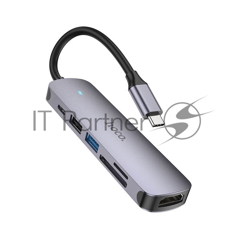 Док-станция Type-C Hoco HB28 6в1: USB3.0, PD100W, SD/TF, USB2.0, HDMI, кабель 13см, алюминий