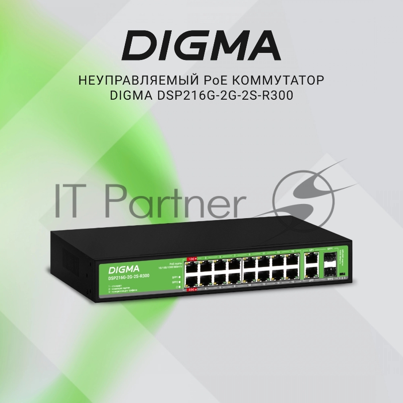 Коммутатор Digma DSP216G-2G-2S-R300 (L2) 18x1Гбит/с 2SFP 16PoE 16PoE+ 2PoE++ 300W неуправляемый