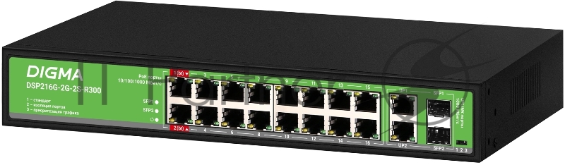 Коммутатор Digma DSP216G-2G-2S-R300 (L2) 18x1Гбит/с 2SFP 16PoE 16PoE+ 2PoE++ 300W неуправляемый