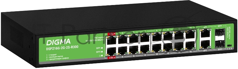 Коммутатор Digma DSP216G-2G-2S-R300 (L2) 18x1Гбит/с 2SFP 16PoE 16PoE+ 2PoE++ 300W неуправляемый