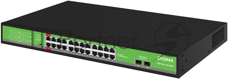 Коммутатор Digma DSP224G-2S-R400 (L2) 24x1Гбит/с 2SFP 24PoE 24PoE+ 2PoE++ 400W неуправляемый