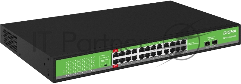 Коммутатор Digma DSP224G-2S-R400 (L2) 24x1Гбит/с 2SFP 24PoE 24PoE+ 2PoE++ 400W неуправляемый