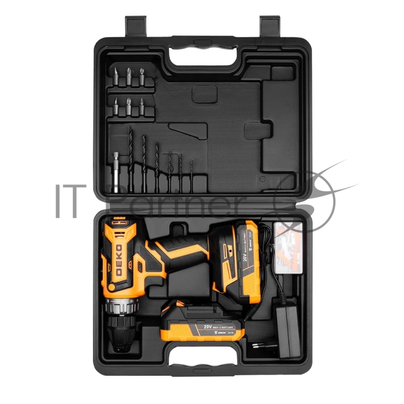 Аккумуляторная дрель-шуруповерт DEKO GCD20DU PRO в кейсе + набор 63 инструмента для дома, 20В, 2х2.0Ач