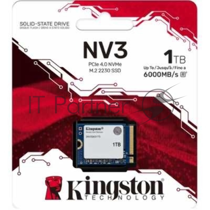 Твердотельный накопитель Kingston SSD NV3, 1000GB, M.2(22x30mm), NVMe, PCIe 4.0 x4, 3D TLC, R/W 6000/4000MB/s, TBW 320, DWPD 0.2 (60 мес)