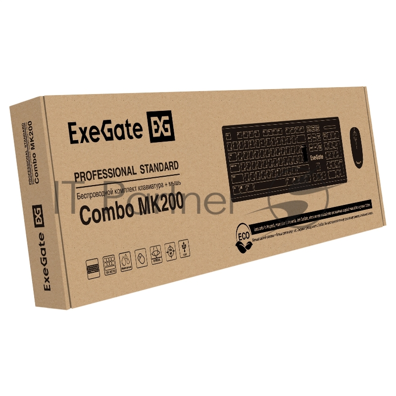 Комплект беспроводной ExeGate Professional Standard Combo MK200 (клавиатура полноразмерная влагозащищенная 104кл. + мышь оптическая 1200dpi, 3 кнопки и колесо прокрутки USB, радиоканал 2,4 ГГц, радиус действия до 10м, черный, RTL)