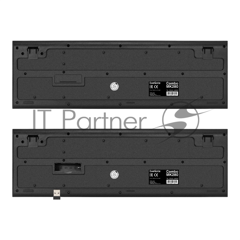 Комплект беспроводной ExeGate Professional Standard Combo MK200 (клавиатура полноразмерная влагозащищенная 104кл. + мышь оптическая 1200dpi, 3 кнопки и колесо прокрутки USB, радиоканал 2,4 ГГц, радиус действия до 10м, черный, RTL)
