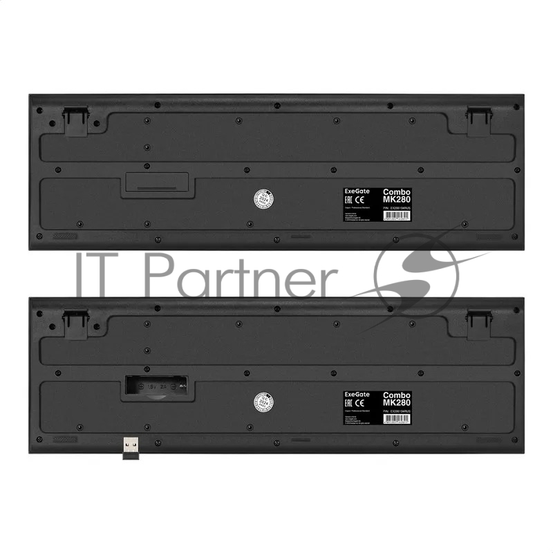 Комплект беспроводной ExeGate Professional Standard Combo MK200 (клавиатура полноразмерная влагозащищенная 104кл. + мышь оптическая 1200dpi, 3 кнопки и колесо прокрутки USB, радиоканал 2,4 ГГц, радиус действия до 10м, черный, RTL)