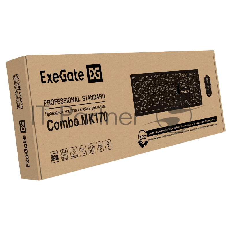 Комплект ExeGate Professional Standard Combo MK170 (клавиатура влагозащищенная 104кл. + мышь оптическая 1200dpi, 3 кнопки и колесо прокрутки, длина кабелей 1,5м USB, черный, RTL)