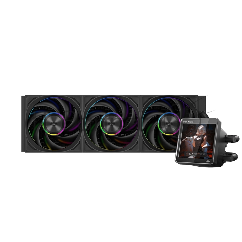 Система охлаждения PCCooler DT360 ARGB Display BK (300W, 360mm, LED temp., Black, ARGB/ Fans: 3x120mm, 83.83CFM, 3000RPM/ Pump height 62mm, 15dBA, 2600RPM, Rad thickness 27mm/ S: 1851, 1700, 1200, 115X, AM5, AM4)