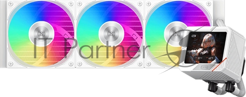 Система охлаждения PCCooler GT360 ARGB Display WH (310W, 360mm, LED temp., White, ARGB/ Fans: 3x120mm, 99CFM, 41.5dBA, 3000RPM/ Pump 15dBA, 2600RPM, Rad thickness 27mm/ S: 1851, 1700, 1200, 115X, AM5, AM4)