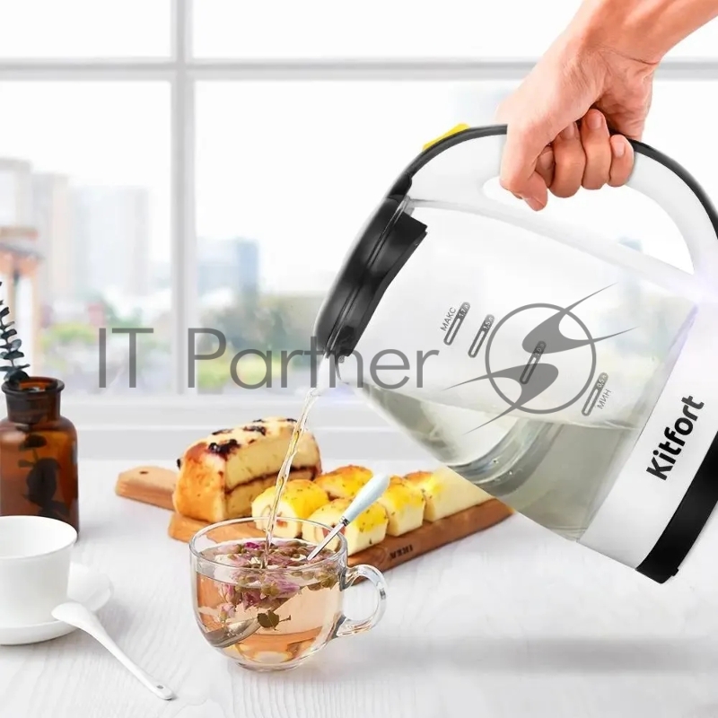 Чайник электрический Kitfort КТ-6637 1.7л. 2200Вт белый/черный корпус: стекло/пластик