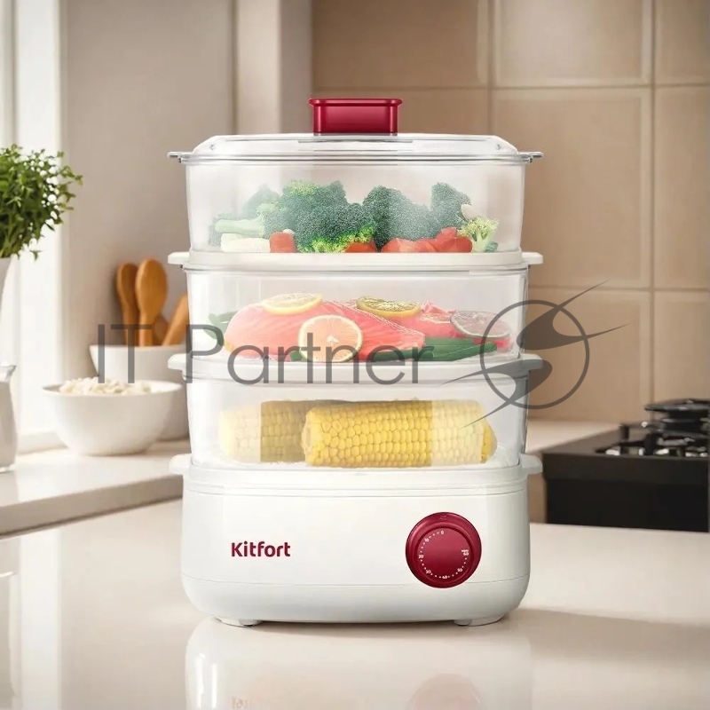 Пароварка Kitfort КТ-6830 3ярус. 800Вт белый/красный