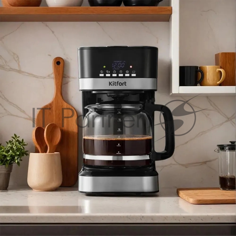 Кофеварка капельная Kitfort КТ-7627 черный/серебристый, исп. кофе - молотый, 1,8 л, 950 Вт