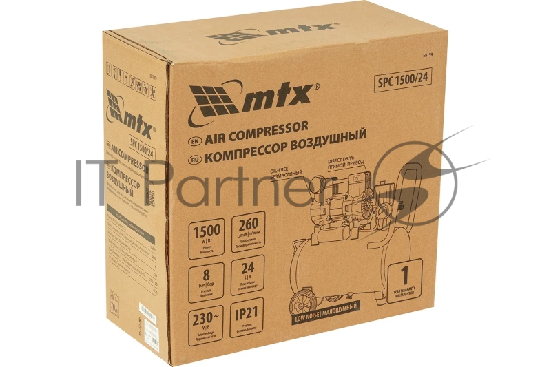 Компрессор безмасляный малошумный SPC 1500/24, 1500 Вт, ресивер 24 л, 260 л/мин// MTX