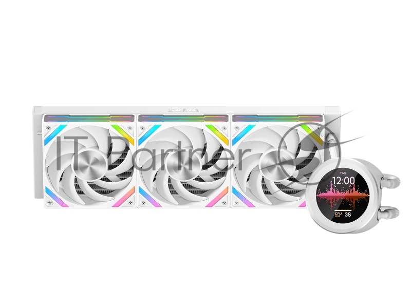 Водяное охлаждение для процессора SAMA Q60 White (360mm, LED temp., White, ARGB/ Fans: 3x120mm, 86CFM, 30dBA, 2600RPM/ Pump height 64mm, 30dBA, 2800RPM, Rad thickness 27mm/ S: 1851, 1700, 1200, 20XX, 115X, AM5, AM4)