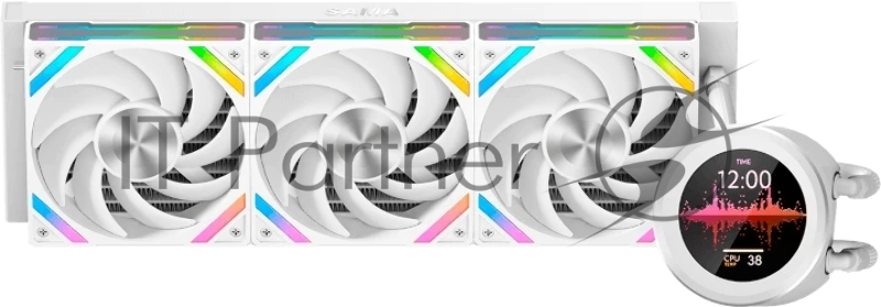 Водяное охлаждение для процессора SAMA Q60 White (360mm, LED temp., White, ARGB/ Fans: 3x120mm, 86CFM, 30dBA, 2600RPM/ Pump height 64mm, 30dBA, 2800RPM, Rad thickness 27mm/ S: 1851, 1700, 1200, 20XX, 115X, AM5, AM4)