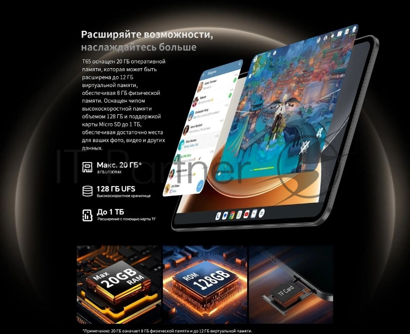 Планшет Teclast T65 T7280 (2.0) 8C RAM8Gb ROM128Gb 13 IPS 1920x1200 4G Android 15 черный 13Mpix 8Mpix BT WiFi microSD 1Tb 10000mAh 32hr