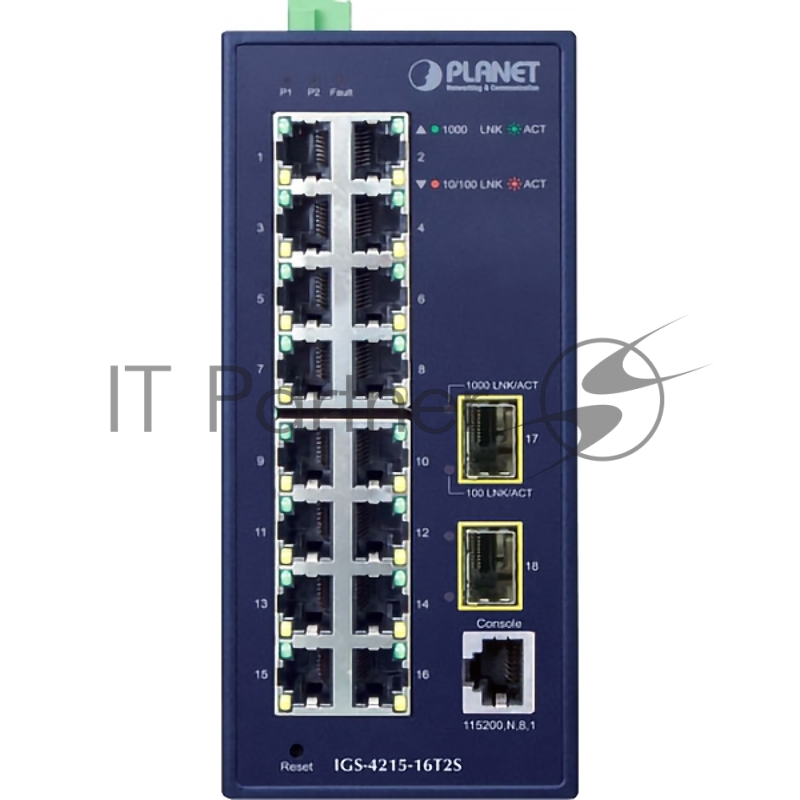 Коммутатор PLANET IGS-4215-16T2S IP30 Industrial L2/L4 16-Port 10/100/1000T + 2-Port 100/1000X SFP Managed Switch (-40~75 degrees C, dual redundant power input on 12~48VDC/24VAC terminal block)