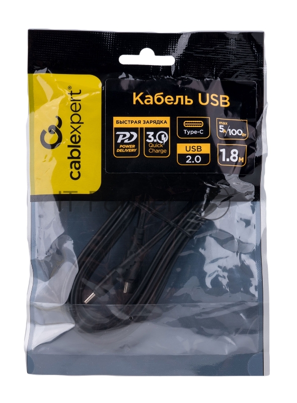 Кабель USB2.0 Cablexpert CC-USB2-CMCM-100-1.8M, Type-C/Type-C, 5A, 100Вт, PD/QC3.0, медь, 1.8м, черный, пакет
