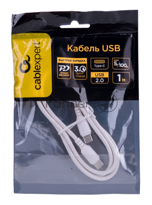 Кабель USB2.0 Cablexpert CC-USB2-CMCM-100-1M-W, Type-C/Type-C, 5A, 100Вт, PD/QC3.0, медь, 1м, белый, пакет
