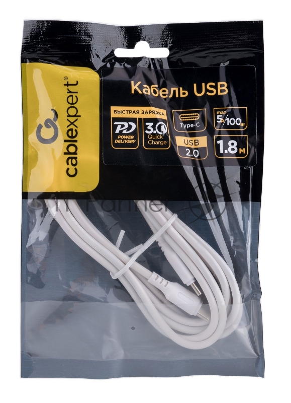 Кабель USB2.0 Cablexpert CC-USB2-CMCM-100-1.8M-W, Type-C/Type-C, 5A, 100Вт, PD/QC3.0, медь, 1.8м, белый, пакет