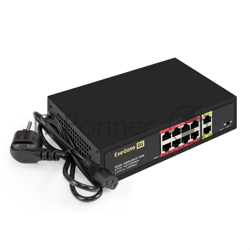 Коммутатор неуправляемый ExeGate EDGS-1082D.8PoE-120W (10-портовый: 8 портов UTP 10/100 Base-Tx с поддержкой IEEE 802.3af (PoE), мощность PoE: 15,4W, суммарно 120W, 2 порта RJ45 10/100/1000Мбит/с (uplink), настенный/настольный, металлический корпус)