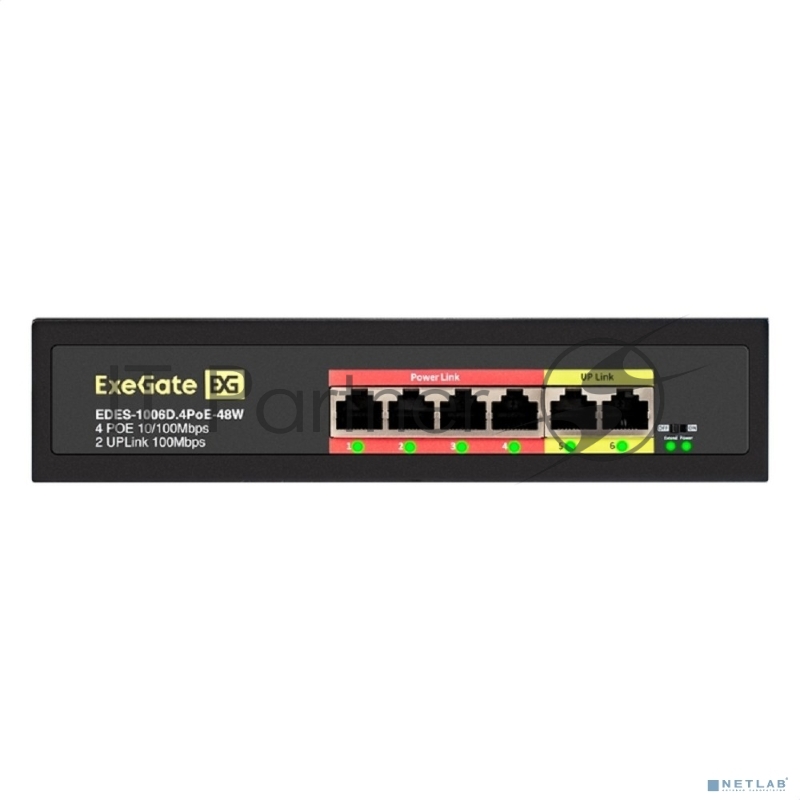 Коммутатор неуправляемый ExeGate EDES-1006D.4PoE-48W (6-портовый UTP 10/100 Base-Tx: 4 порта 802.3af (PoE), мощность PoE: 25W, суммарно 48W, 2 порта RJ45 uplink, настенный/настольный, металлический корпус)
