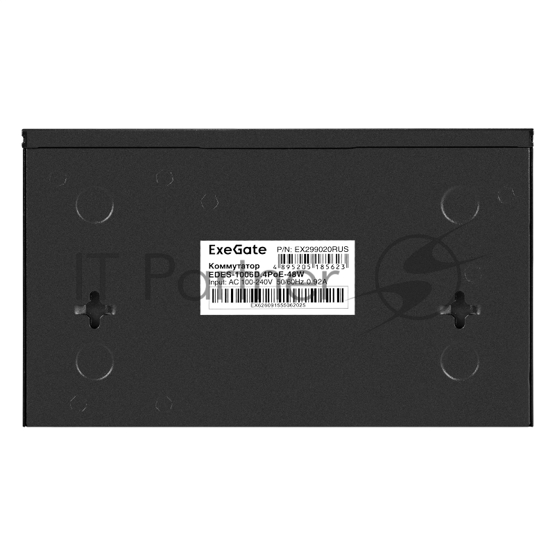 Коммутатор неуправляемый ExeGate EDES-1006D.4PoE-48W (6-портовый UTP 10/100 Base-Tx: 4 порта 802.3af (PoE), мощность PoE: 25W, суммарно 48W, 2 порта RJ45 uplink, настенный/настольный, металлический корпус)