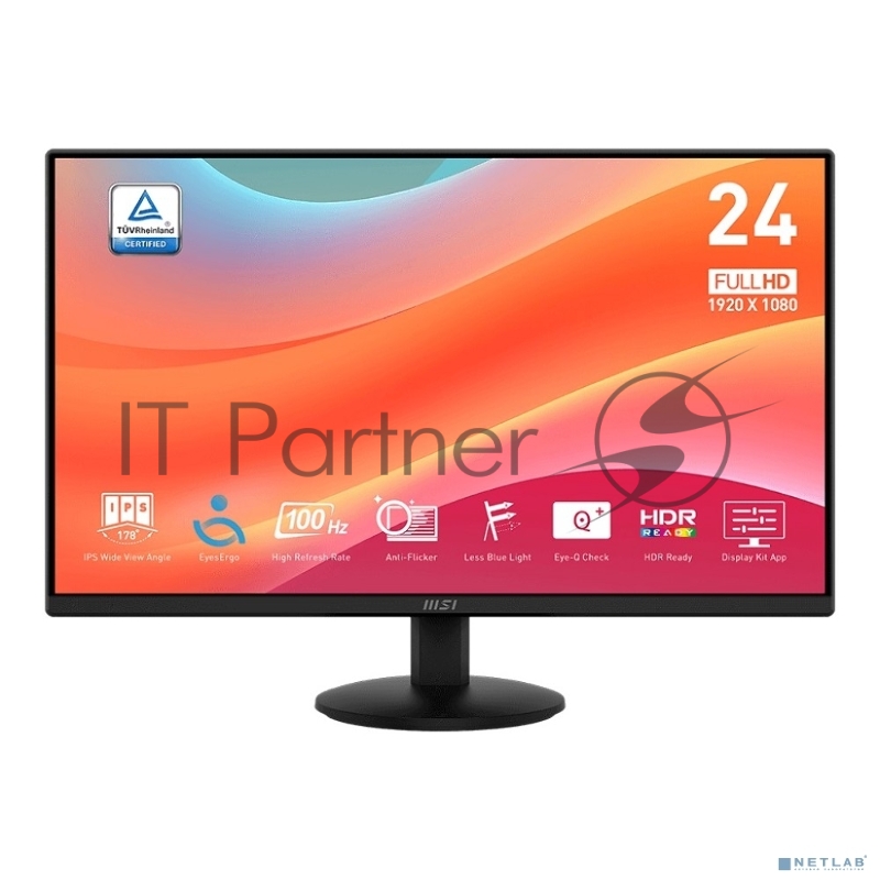 Монитор 23.8 MSI PRO MP242L IPS 1920x1080, 100 Гц, 4 мс, 16:9, 250 кд/м², HDMI 1.4b, DP 1.2a, 3.5 мм, Adaptive-Sync, черный