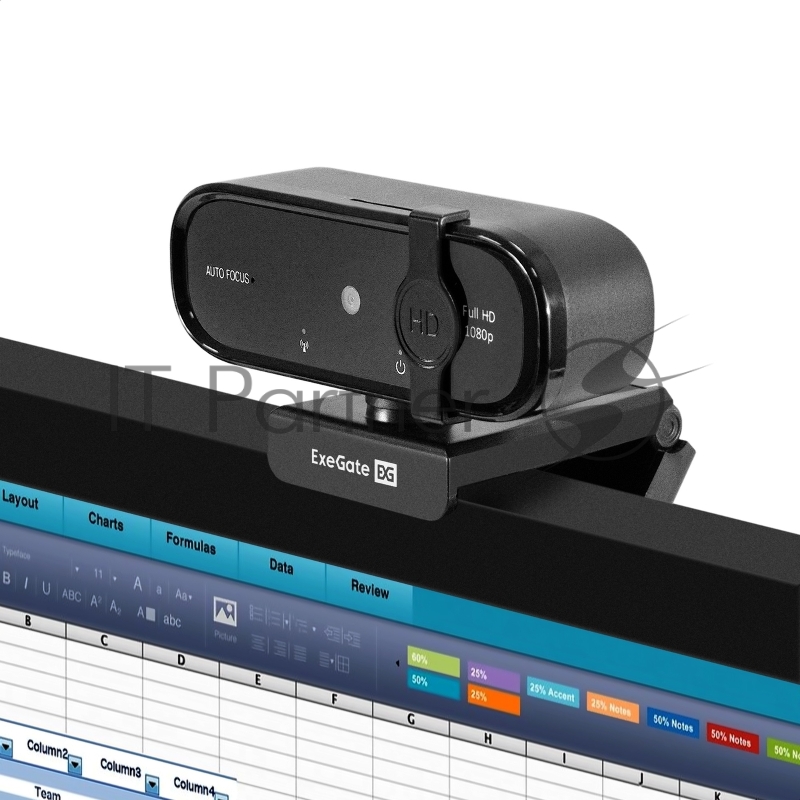 Веб-камера ExeGate BlackView C720 Full HD AF (2Мп, 1920х1080, 1080P, 30fps, автоматический фокус, защитная шторка, 4-линзовый объектив, микрофон с шумоподавлением, универсальное крепление, отверстие под штатив, USB, кабель 1,5 м, Windows® 7/8/10/11,