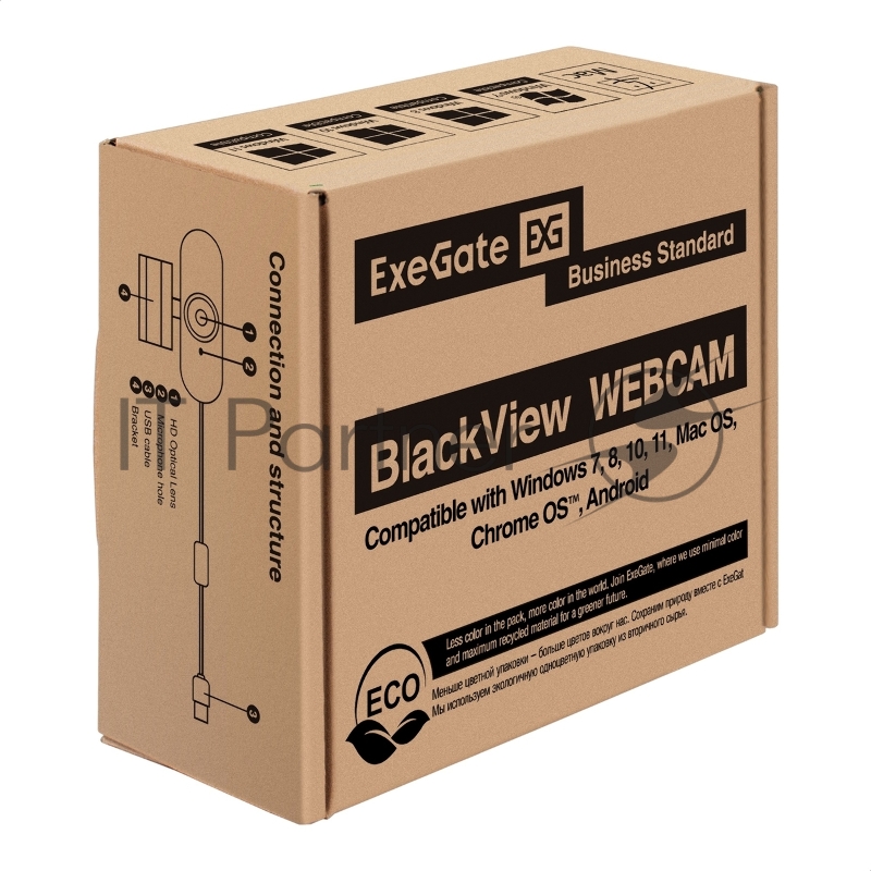 Веб-камера ExeGate BlackView C720 Full HD AF (2Мп, 1920х1080, 1080P, 30fps, автоматический фокус, защитная шторка, 4-линзовый объектив, микрофон с шумоподавлением, универсальное крепление, отверстие под штатив, USB, кабель 1,5 м, Windows® 7/8/10/11,