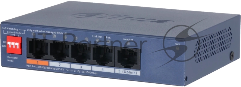 Коммутатор DAHUA DH-CS4005-4GT-60 4-портовый гигабитный PoE с функцией облачного управления, 4 RJ45 10/100/1000Мбит/с (PoE/PoE+/Hi-PoE), 1 RJ45 10/100/1000Мбит/с (uplink), суммарно 60Вт