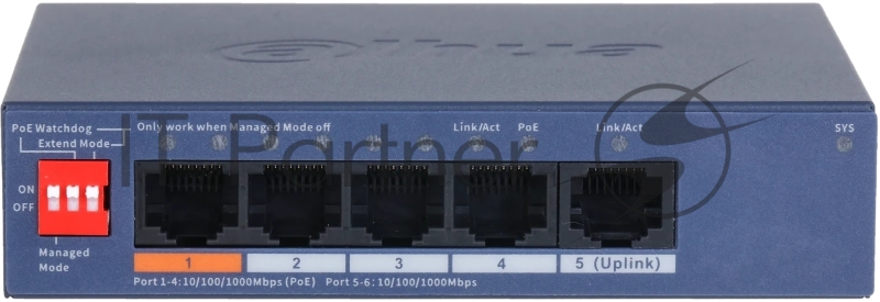 Коммутатор DAHUA DH-CS4005-4GT-60 4-портовый гигабитный PoE с функцией облачного управления, 4 RJ45 10/100/1000Мбит/с (PoE/PoE+/Hi-PoE), 1 RJ45 10/100/1000Мбит/с (uplink), суммарно 60Вт