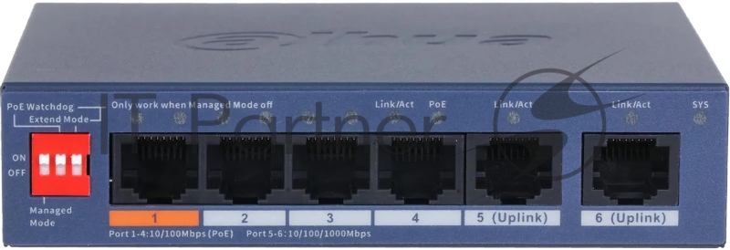 Коммутатор DAHUA DH-CS4006-4ET2GT-60 4-портовый гигабитный PoE с функцией облачного управления, 4xRJ45 100Mb, 2xRJ45 1Gb uplink, суммарно 60Вт