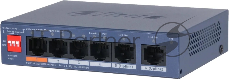 Коммутатор DAHUA DH-CS4006-4ET2GT-60 4-портовый гигабитный PoE с функцией облачного управления, 4xRJ45 100Mb, 2xRJ45 1Gb uplink, суммарно 60Вт