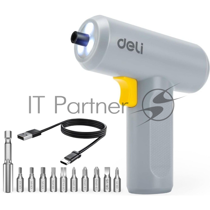 Отвертка аккумуляторная Deli DL-DP04-E3B1 (3,6В, 1,5А*ч, 5Нм, 250 об/мин, набор бит 10 шт + удлинитель, Type-C, картон)