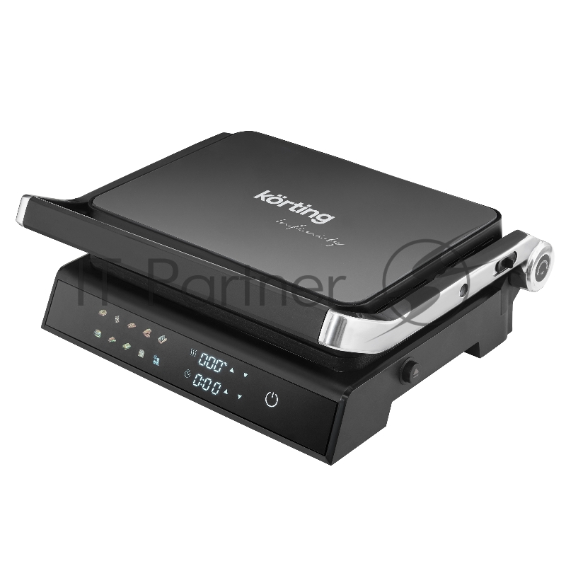 Гриль KORTING KGPA 0403 W Infinity, мощность 2000 Вт, сенсорное управление, цветной дисплей, 10 автоматических программ, раздельная регулировка температуры верхней и нижней панелей, температура от 90 до 230 градусов, таймер, цвет черный